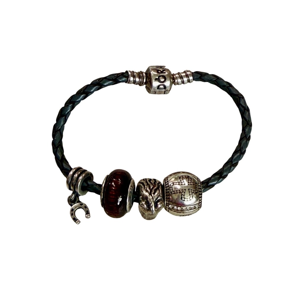 Pandora Braided Leather Charm Bracelet 925 Silver Horse Horseshoe Cross Charms
